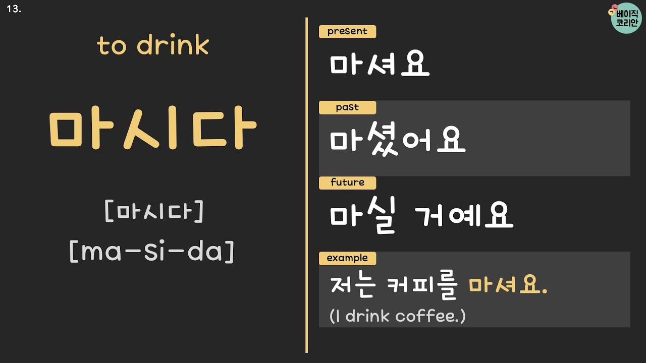 먹다, 잡수시다, 마시다, 씹다, 요리하다 | Korean Verbs for beginners with Present, Past ...
