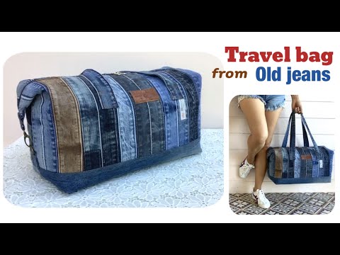 Large Travel Denim Bag Weekender Bag of Recycled Jeans Jean 