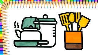 Coloring Cute Cutlery Set , Tea Pot, Deep Fry Pan & Cooking Pot with Markers screenshot 2