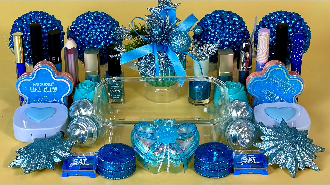 BLUE SLIME. Mixing makeup and glitter into Clear Slime. Satisfying Slime Videos 2160p.