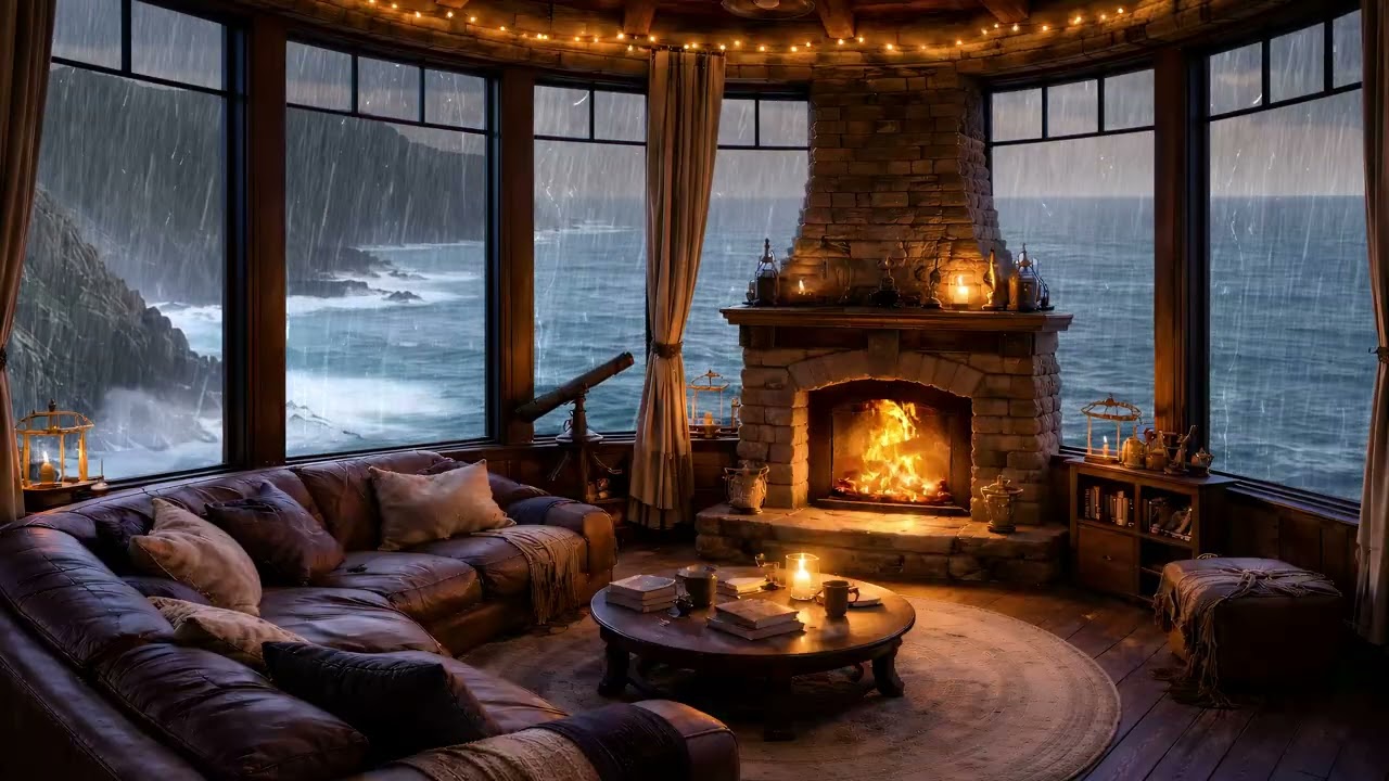 Rain, Thunder & Fireplace in a Lighthouse ⛈️🔥 | 9 Hours Deep Sleep Ambience
