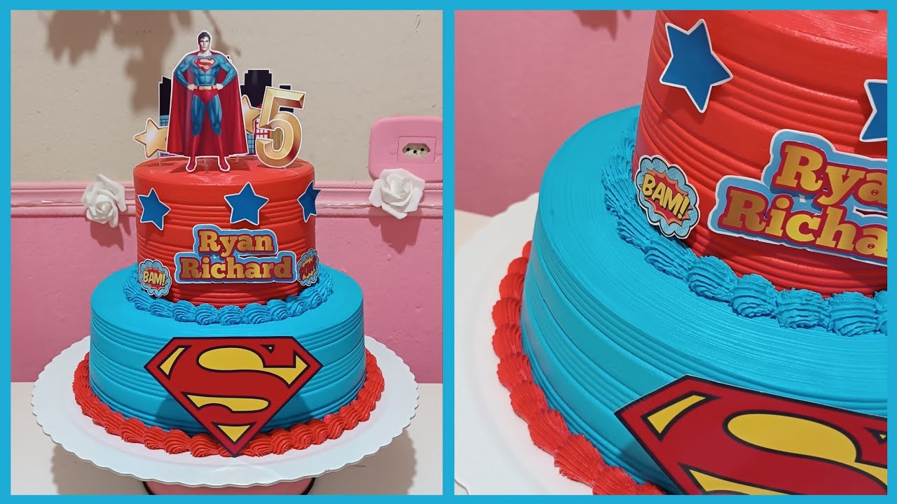Bolo Superman | 4 kg | 2 andares | Redondo | chantilly azul e vermelho | 5 anos | Menino | espátula.