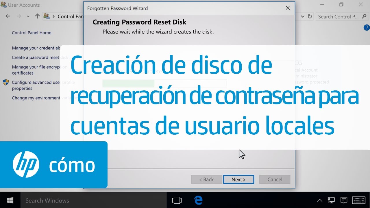 Creación de un disco de restablecimiento de contraseña para cuentas de usuario locales en Windows 10