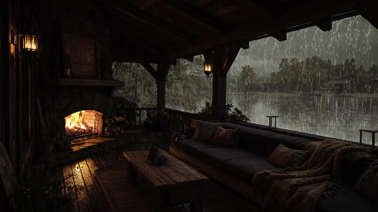 Relaxing Rain on Balcony by the Lake | Cozy Fireplace Ambience for ...