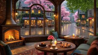 Peaceful Rainy Coffeehouse Retreat 🌧️ Smooth Jazz Piano, Fire Crackles For Stress Relief and Study