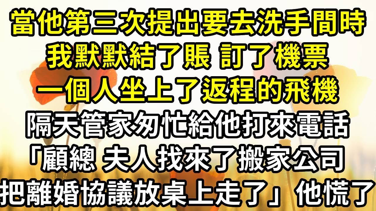 當他第三次說要去洗手間時，我默默結了賬，訂了機票，一個人坐上了返程的飛機，隔天管家匆忙給他打來電話「顧總 夫人找來搬家公司，說要移居法國！」他慌了