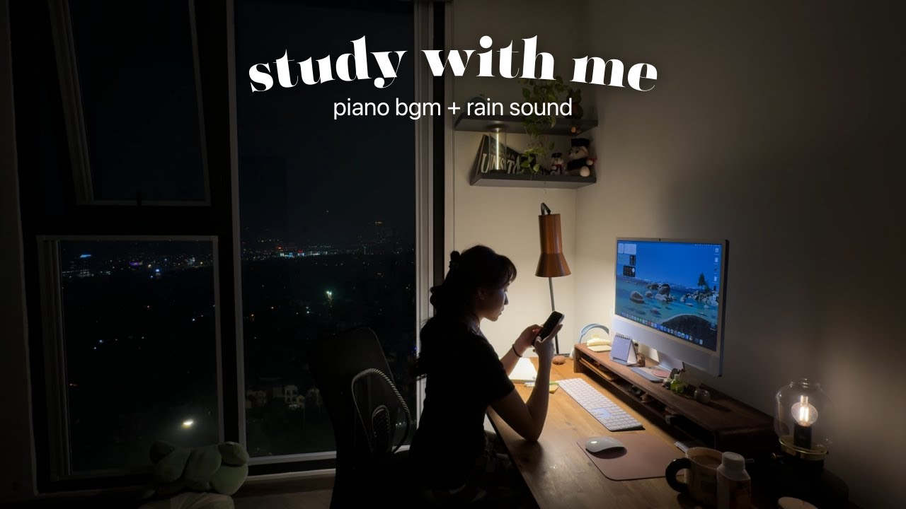 3hr late night study with me | piano bgm + rain, pomodoro 60-10