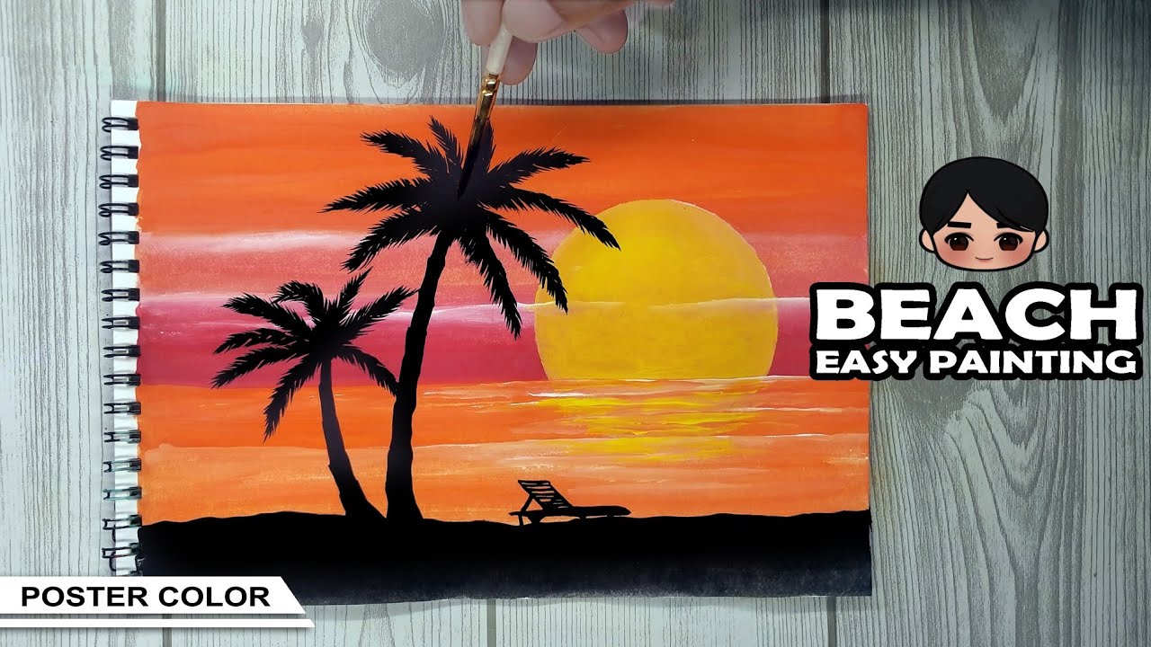 How to Paint a Beach with Sunset Scenery / Easy Landscape Painting for ...
