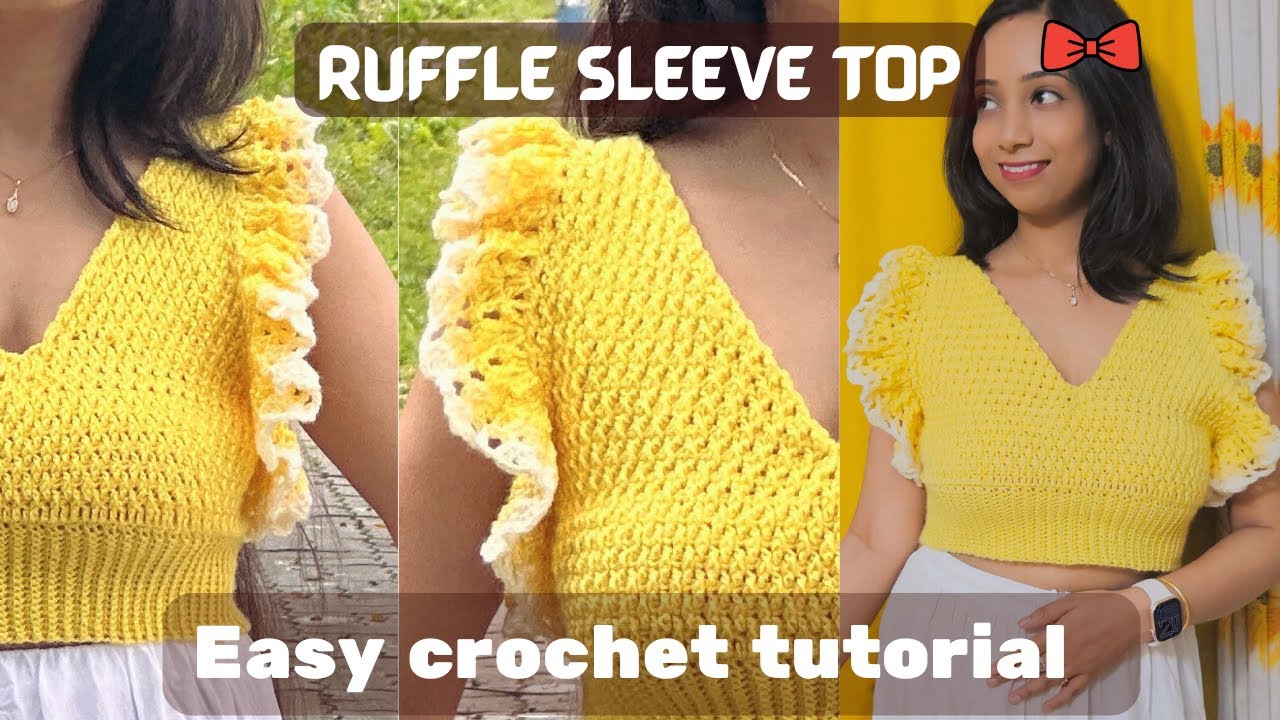 Как связать крючком укороченный топ с оборками на рукавах🌻 | Урок по созданию летнего топа для на...