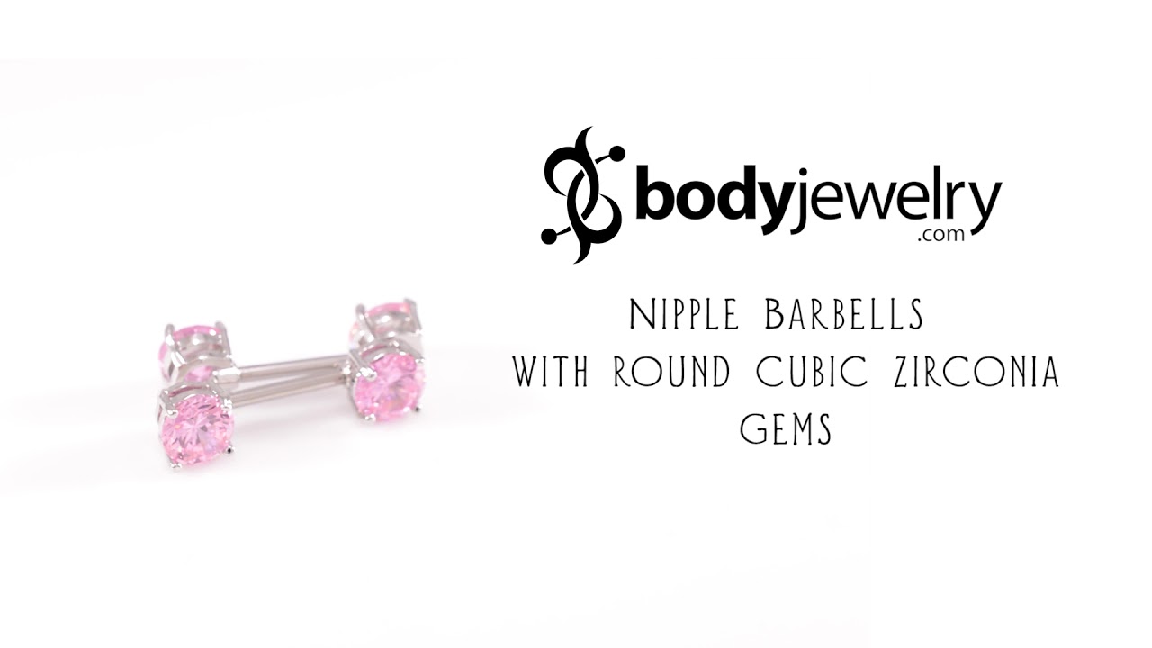 Pair of Nipple Barbells 14G Surgical Steel with Round Prong Set CZ Gems