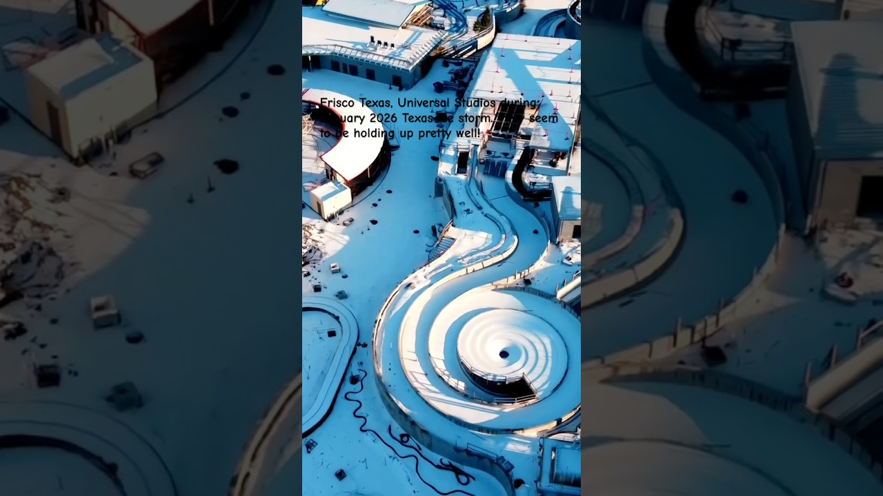 Drone footage, Frisco, Texas Universal Studios during the January 2026 snowstorm. Holding strong
