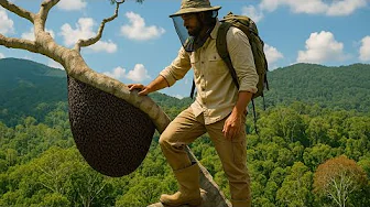 "Extreme Tree Climb for Wild Honey – I Almost Fell 60 Meters!" #survival #hut #bushcraft #wildbees