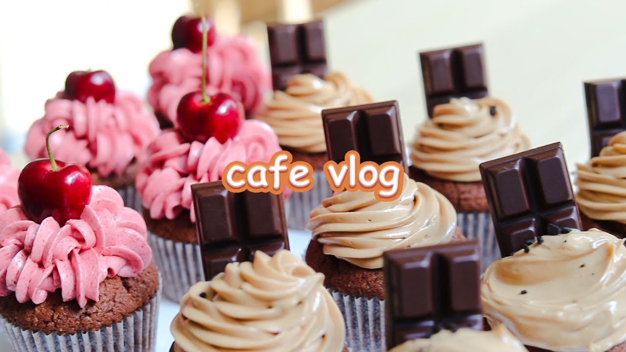ENG)🧁컵케이크를 🍫초콜릿으로 장식해 보아요~💕|Cafe Vlog/Baking Vlog|내복곰