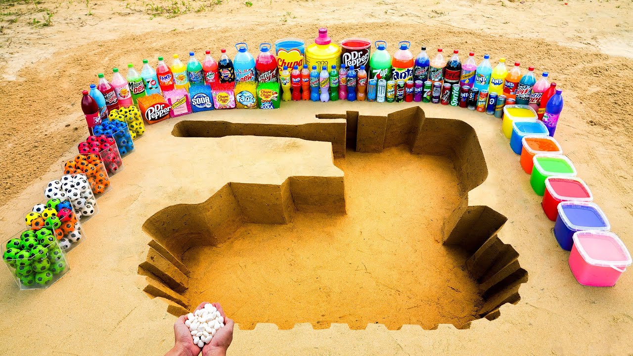 How to make Tank with Cement, Balls vs Giant Chupa Chups, Fanta, Monster, Coca Cola and Mentos