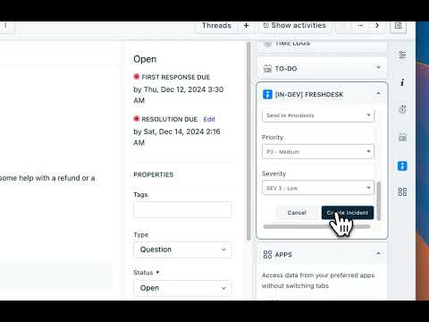 A walkthrough video of connecting Freshdesk with Spike and creating a support ticket from an incident