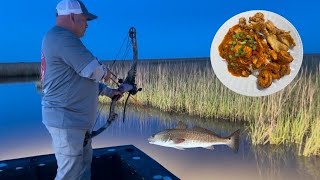 BOWFISHING For Redfish And Garfish (Catch*Clean*Cook) Sauce Piquante, BBQ ON Half Shell And Fried