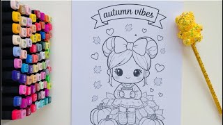 Cozy Autumn Coloring🍂 | Ghibi girl & Fall Leaves | ASMR Coloring✨