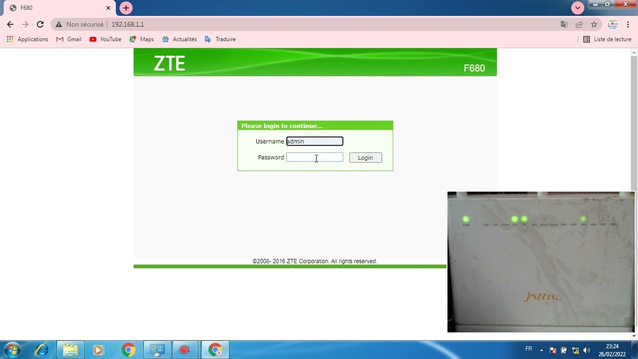 fibre optique ZTE ZXHN f680 mot de passe login 