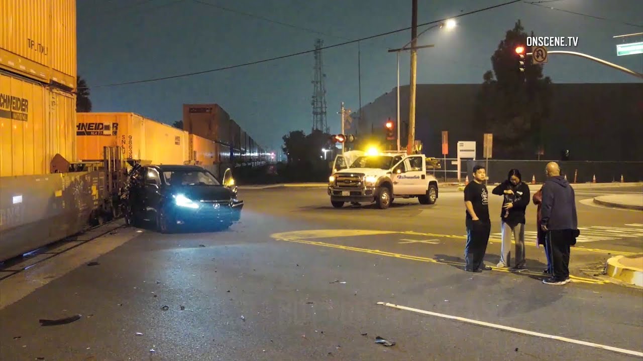 Vehicle Hit By Train After Crash In Santa Fe Springs - YouTube