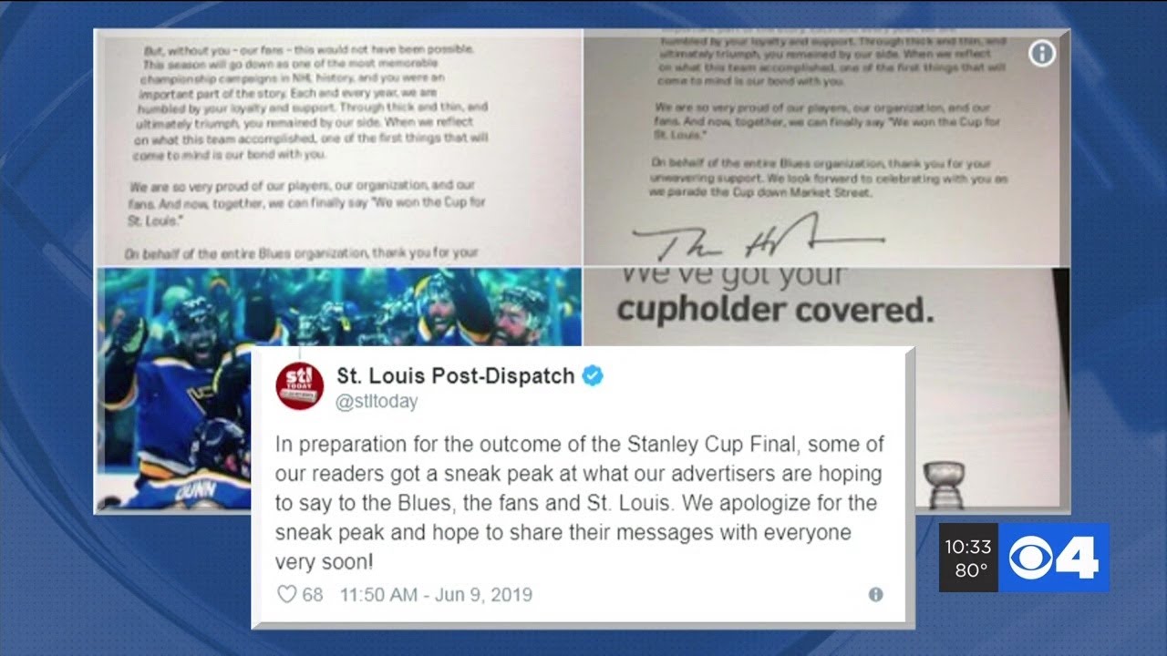 Ooops? St. Louis Post Dispatch accidentally publish ads of Blues winning Stanley Cup - YouTube