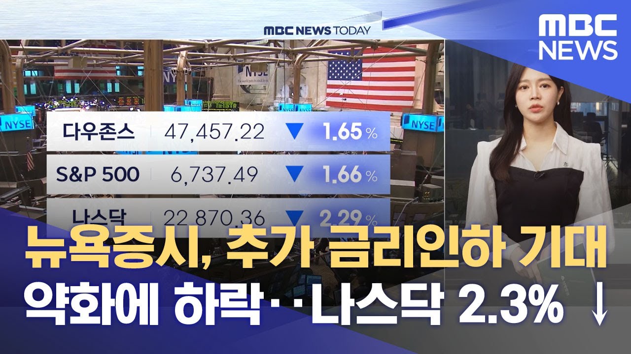 뉴욕증시, 추가 금리인하 기대 약화에 하락‥나스닥 2.3% ↓ (2025.11.14/뉴스투데이/MBC)