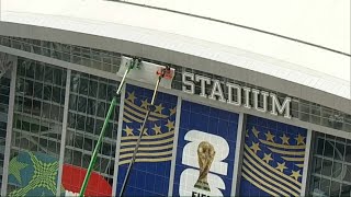 'AT&T' logo covered as it changes to 'Dallas Stadium' for FIFA World Cup