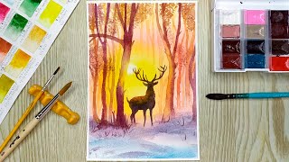 картинка: Как нарисовать лесной пейзаж с оленем акварелью, передав глубину. Акварель для начинающих