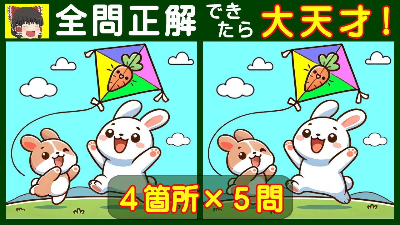 【間違い探しクイズ】 分かりやすい絵で楽しく遊ぶ。　徐々に難しくなるイラストの問題が５問＋おまけ。#177