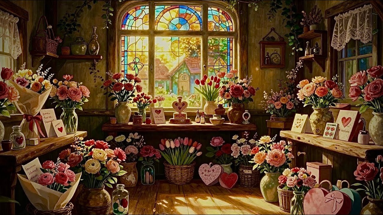 Romantic Valentine’s Day Flower Shop Ambience Cozy Cottagecore Music & Sunlit Stained Glass