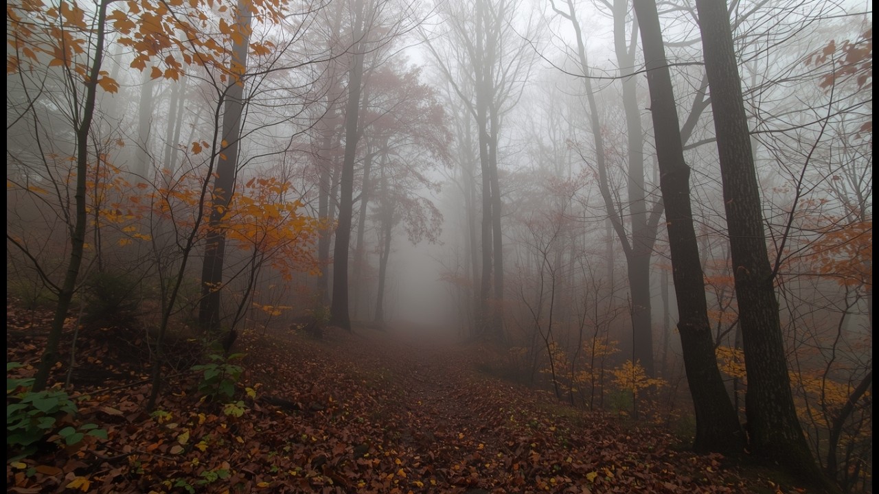 Foggy Autumn Path with Distant Bird Sounds – 1 Hour – TV Background