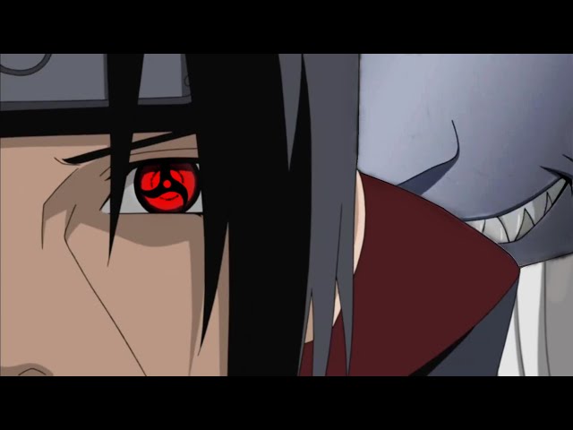 Itachi conoce a Kisame - Itachi amenaza a Kisame con el Mangekyou Sharingan class=