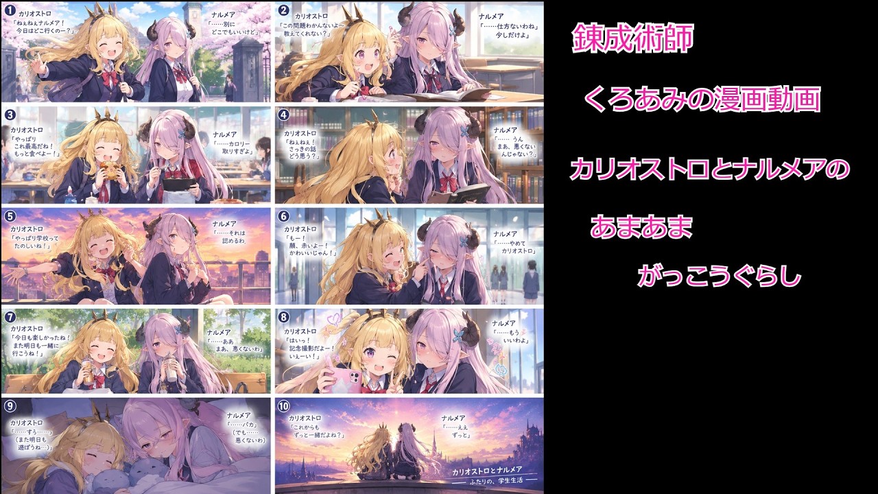 くろあみの4コマ・アニメ「明日も一緒!!カリオストロ×ナルメア、あまあま学校暮らし」【EasyWan22】