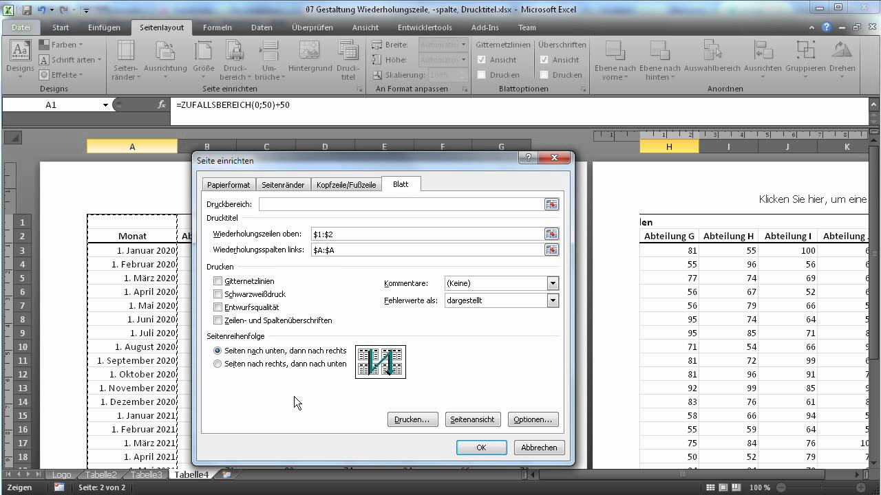  Update Excel 08 Gestaltung Wiederholungszeile spalte, Drucktitel