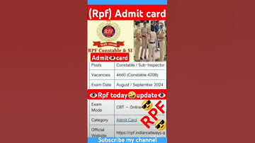 Rpf admit card 2024✅✅rpf exam date 2024/rpf ka exam kab hoga 2024/alp exam date 2024 #rpf #news #yt