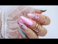 pink&amp;mint flowers nails art tutorial /Elisium Nails
