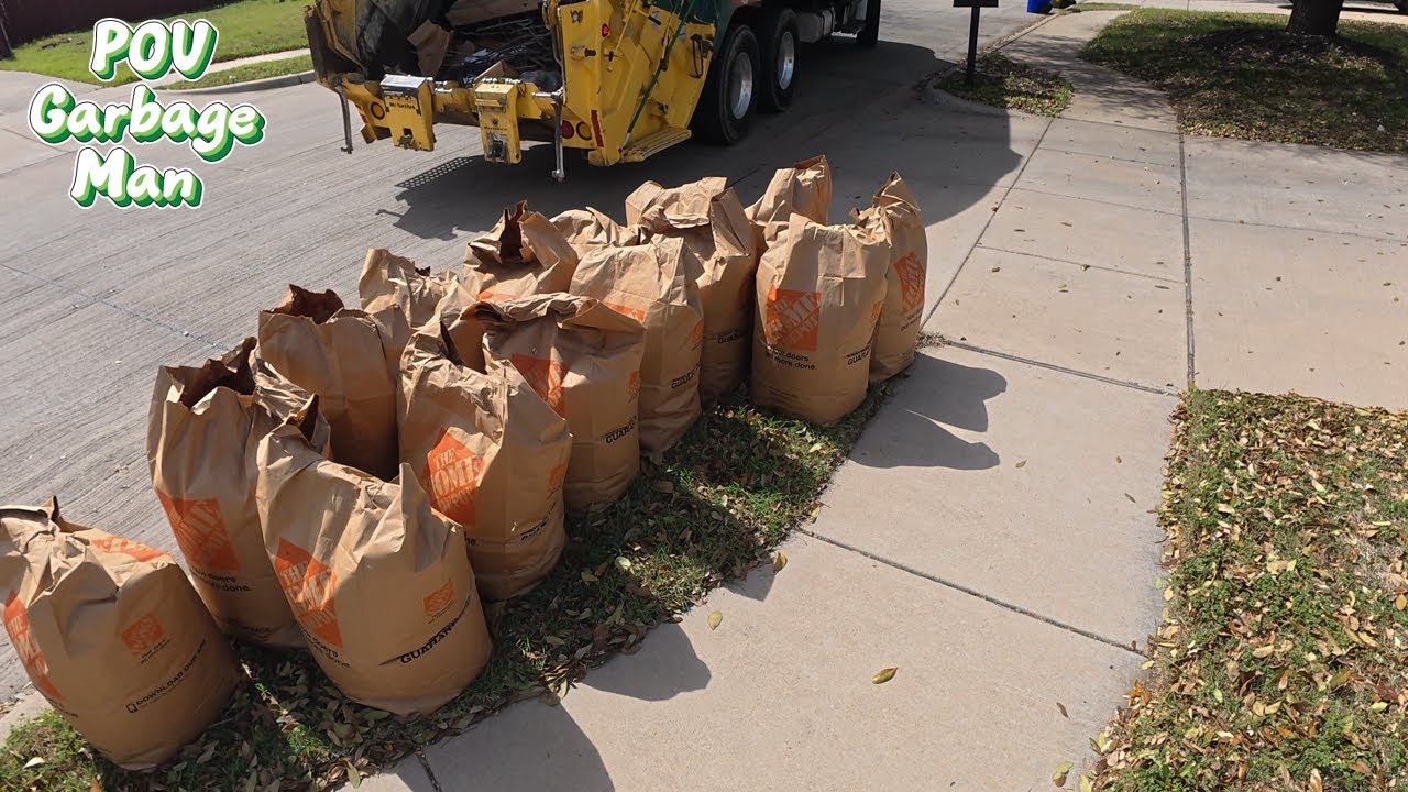 Garbage Truck Crushing Massive Bags of Leaves - Garbage Man POV | 4K Full HD