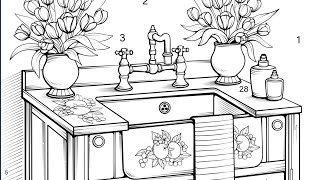 Kitchen Sink Cabinet Floral Design Country Style Decor Color Oasis Paint by Number #coloringbook screenshot 5