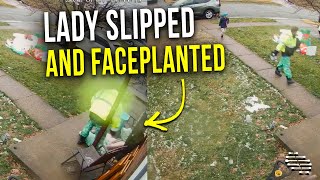 Lady Tried to Carry All Blankets at Once but Slipped and Faceplanted a Brick Wall