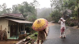 Walk With Storms and Heavy Rain | Powerful Thunderstorms and Strong Winds | Beautiful Hilly Village