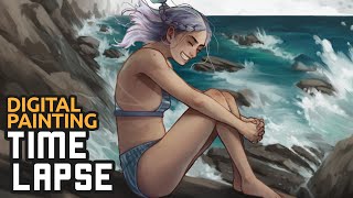 Painting A Girl In Front Of The Waves Timelapse Digital Art In Clipstudiopaint