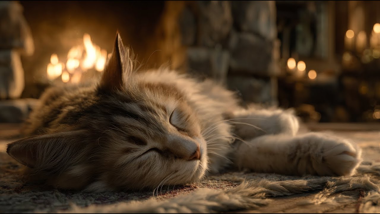 Peaceful Tabby Cat by the Fire 🔥🐾 | 10 Hours of Gentle Rain & Deep Brown Noise for Restful Sleep