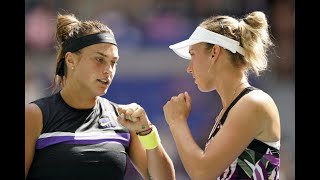 Women's doubles final match point and celebration with elise mertens
aryna sabalenka defeating ashleigh barty victoria azarenka at the us
open 2019.