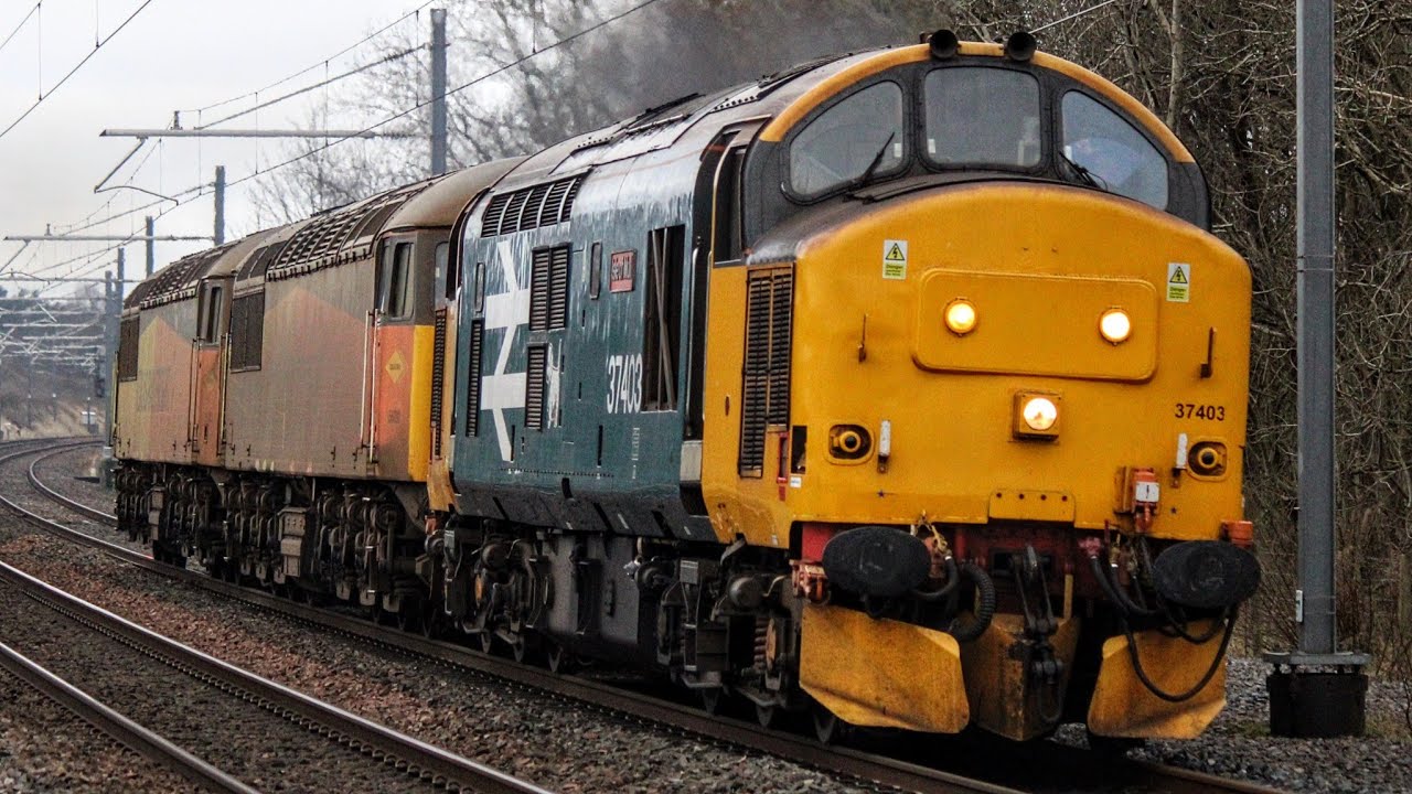 37403 picks up Colas 56's for Bo'ness, 37401 Blasts out of Cumbernauld & 68003 Inverness Tesco
