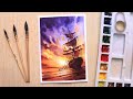 Watercolor painting of beautiful sunset and ship step by step