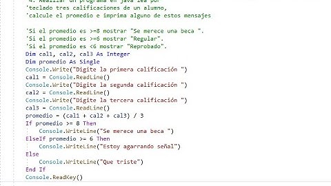 No  4 VB leer  tres calificaciones de un alumno, calcule el promedio e imprima algunos  mensajes