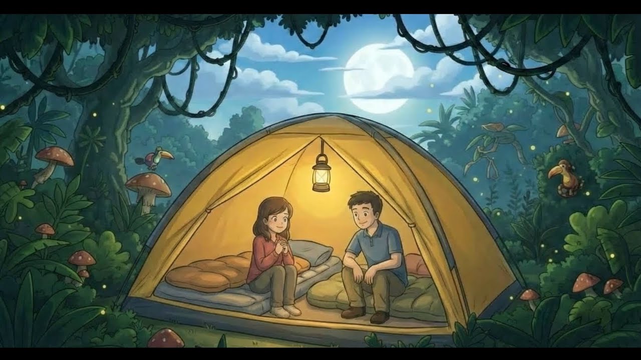 Family camping trip overnight in the car Studio Ghibli style