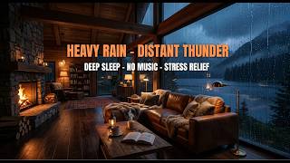 Heavy Rain & Distant Thunder Sounds for Sleeping | Lake Cabin Fireplace - 8 Hours