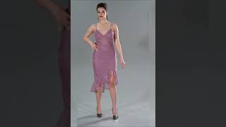 Pudra Transparan Dantel Midi Davet Elbisesi Abk1238