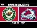 NHL Highlights | Wild vs. Avalanche – Oct. 05, 2019