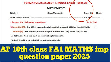Ap 10th class FA1 maths question paper 2025 || FA1 maths question paper 2025 || 10th FA1 maths paper